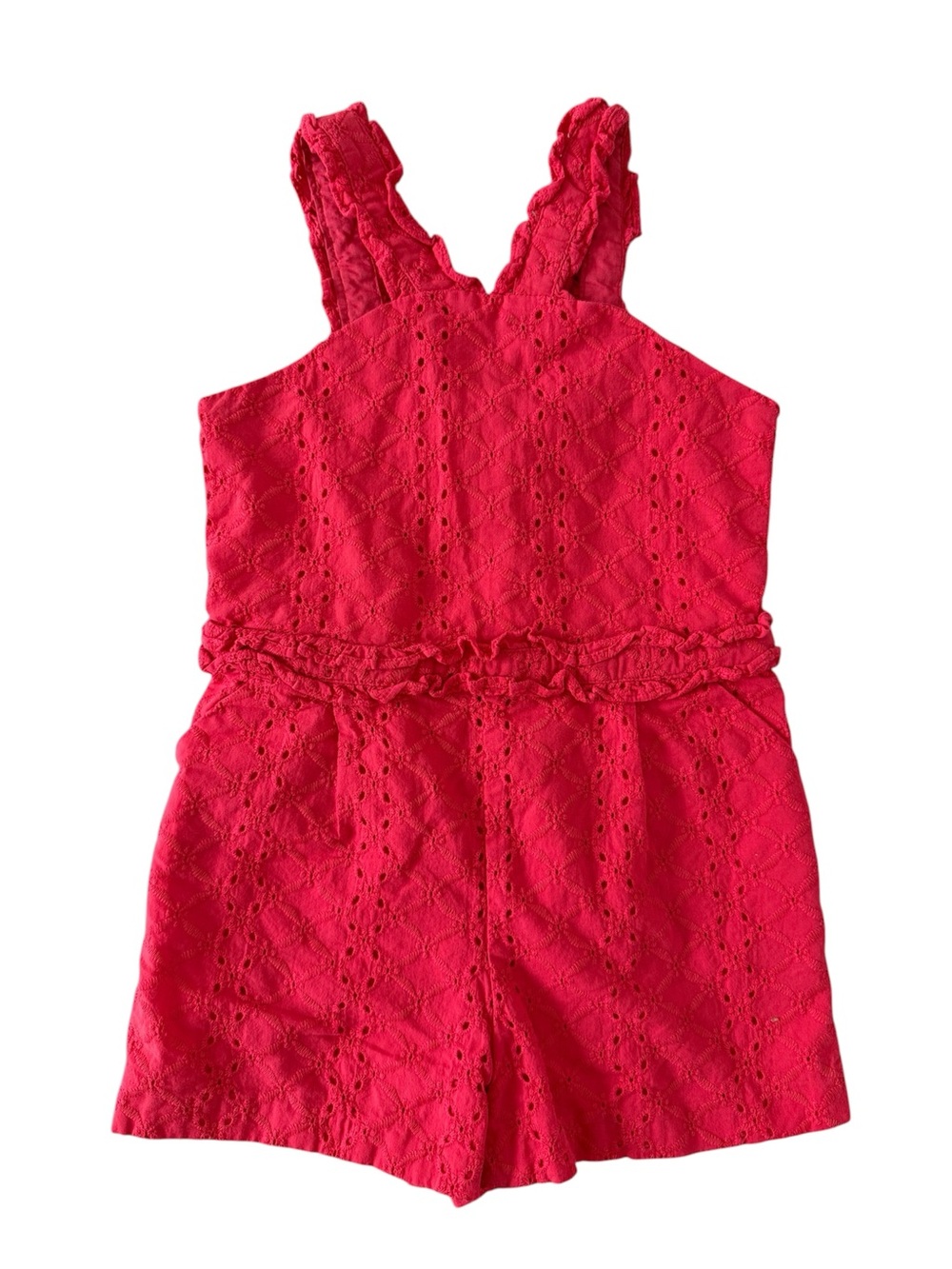 Janie and Jack Res Eyelet Romper Ruffle Waist Toddlers Girls 4T Cotton Tomato